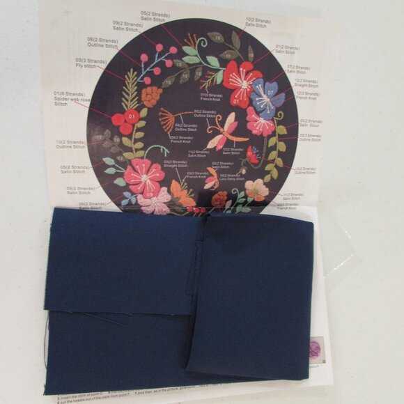 DIY Embroidery Art Kit Dark Navy Dragonfly Florals New - Picture 8 of 10